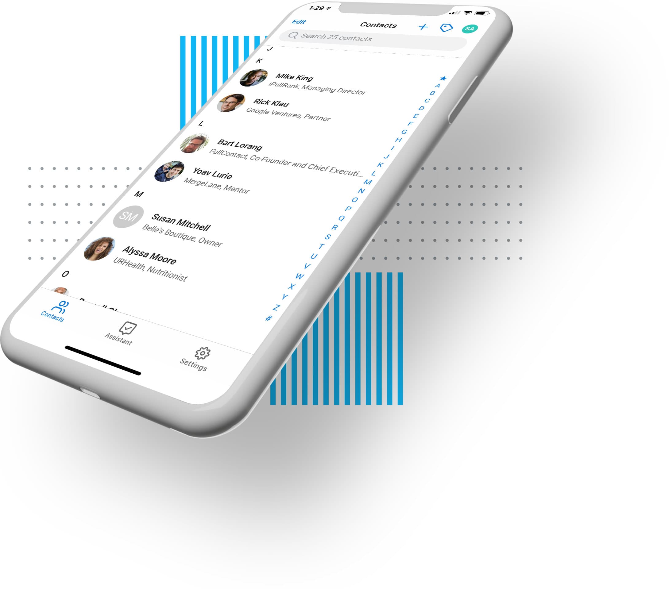Phone at an angle with Contacts+ running on it